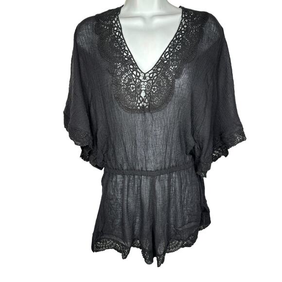 Eberjey NWT Women Solid Liberty Lace Trim Romper Black Crochet Swim Cover-Up S/M - Picture 2 of 8